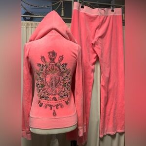 Juicy Couture Salmon Neon Pink Velour Pants 33 x 33 Zip Up Set Hoodie w Crest